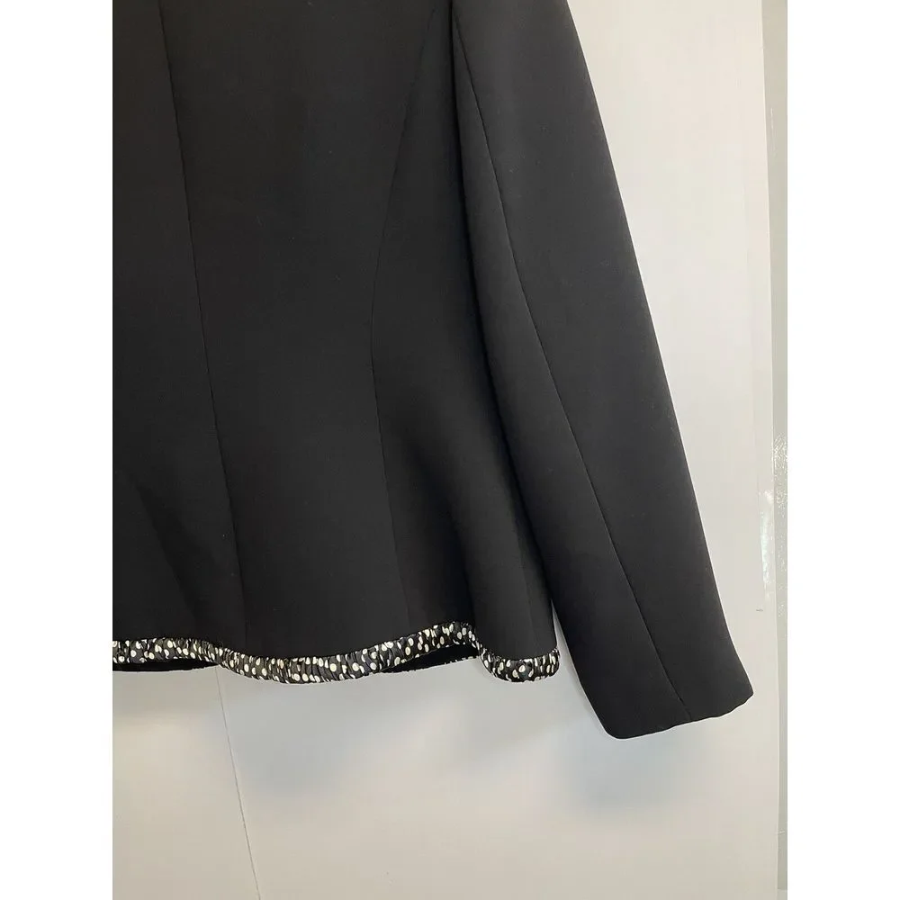 Kasper Black Business Jacket Sz 8 Polka dot Trim Blazer Open Front Lined Pockets